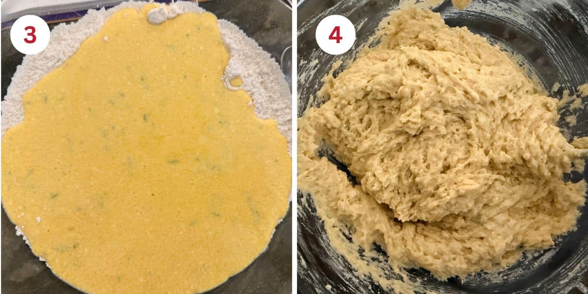 Photos of mixing the wet and dry ingredients and of the cake batter.