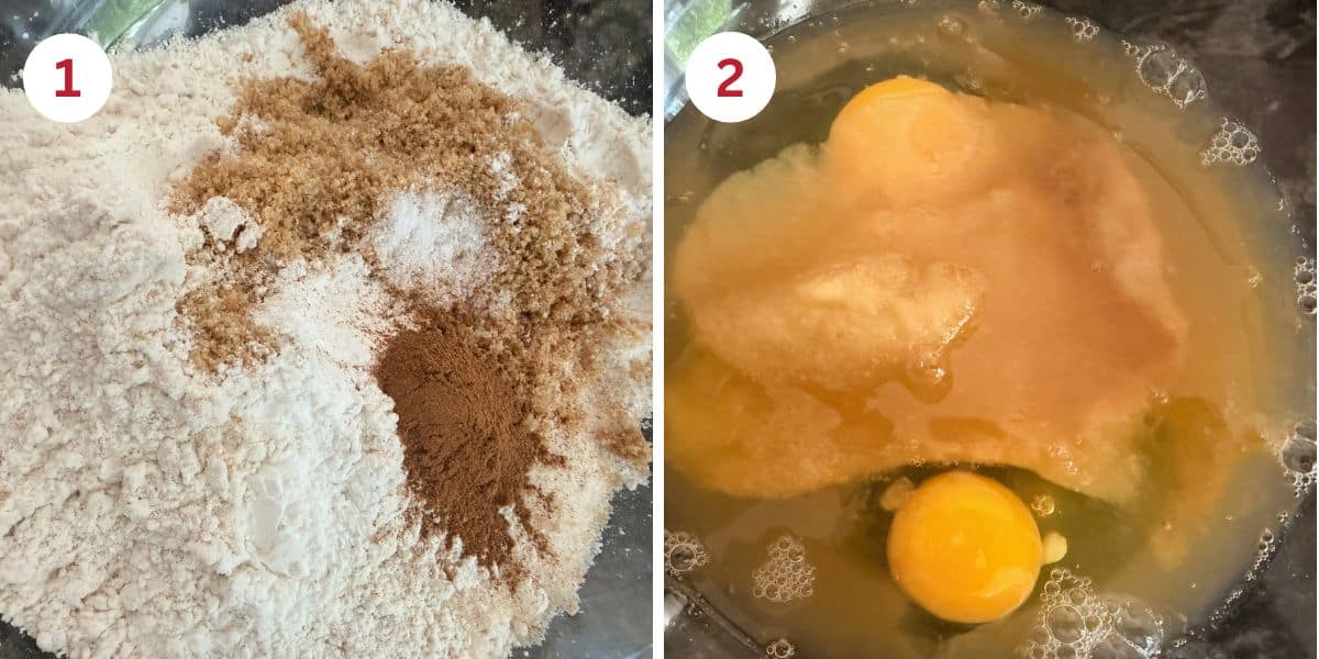Photos of the wet and dry ingredients in separate mixing bowls.