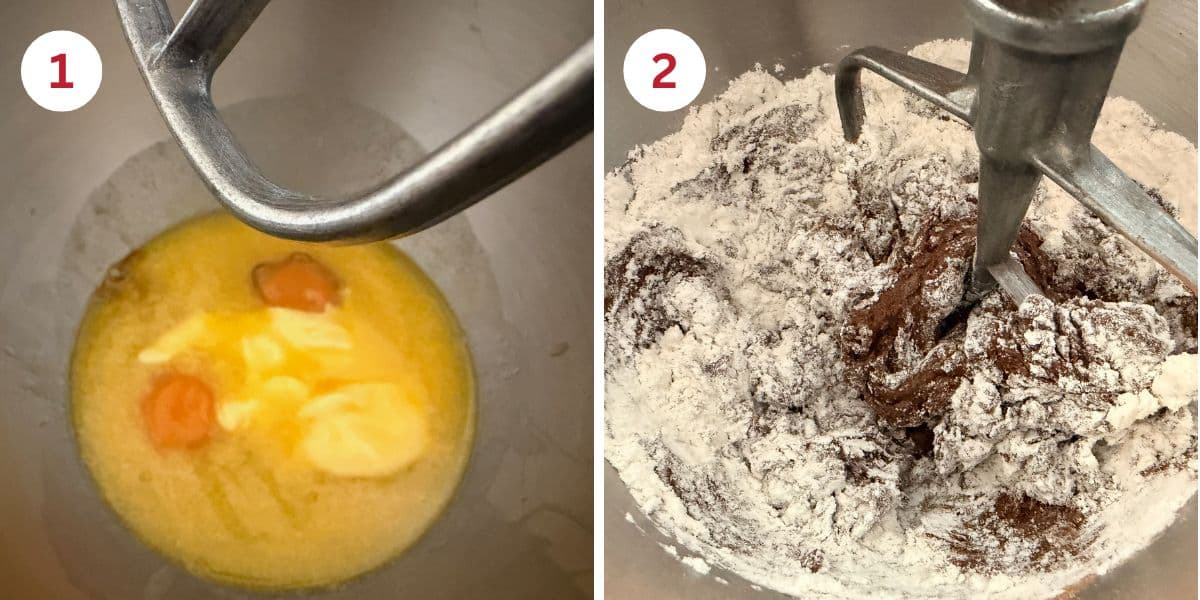 Photos of the wet ingredients in a stand mixer and then adding the dry ingredients.
