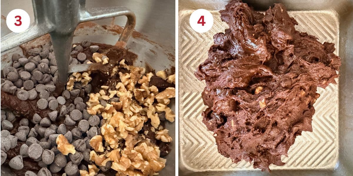 Photos of adding the chips and walnuts and of the finished cookie dough.