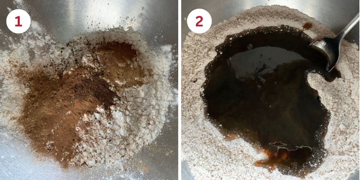 Photos of the dry ingredients and mixing the wet and dry ingredients in a mixing bowl.