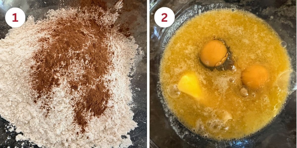 Photos of the wet and dry ingredients in separate mixing bowls.