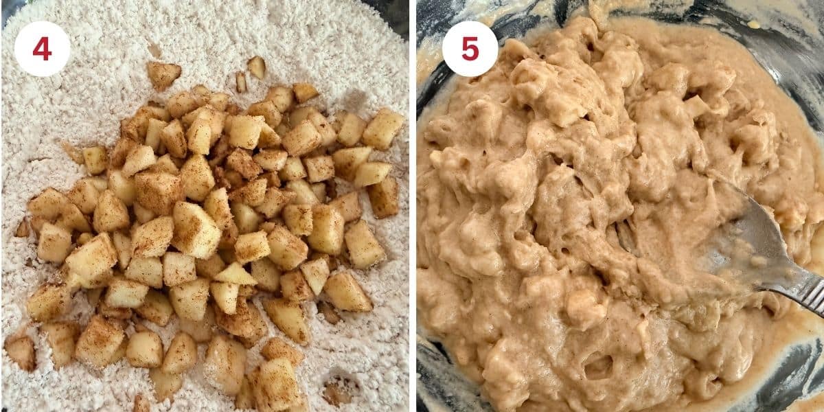 Photos of adding the apple bits to the dry ingredients and of the cake batter.