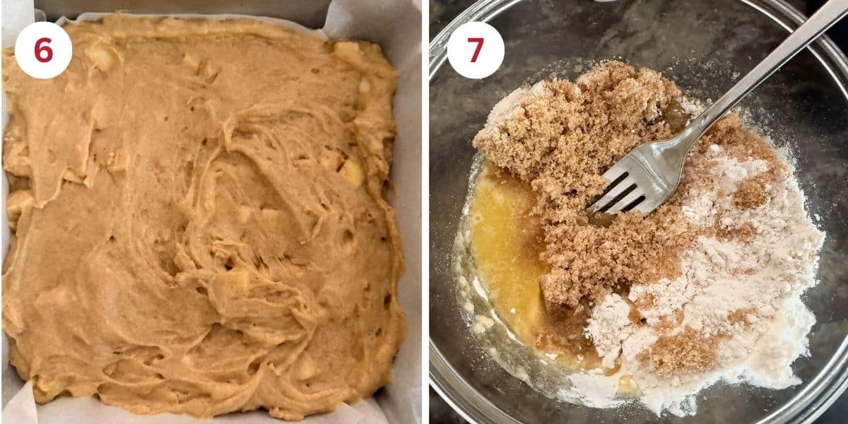 Photos of the batter in the pan and mixing the streusel topping.