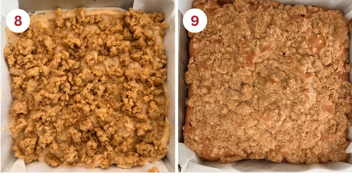 Photos of the apple coffee cake before and after baking.