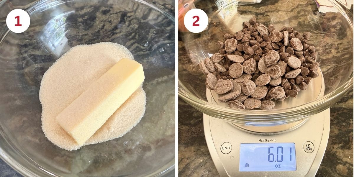 Photos of the butter and sugar in a microwave safe dish and the chocolate chips on a scale.