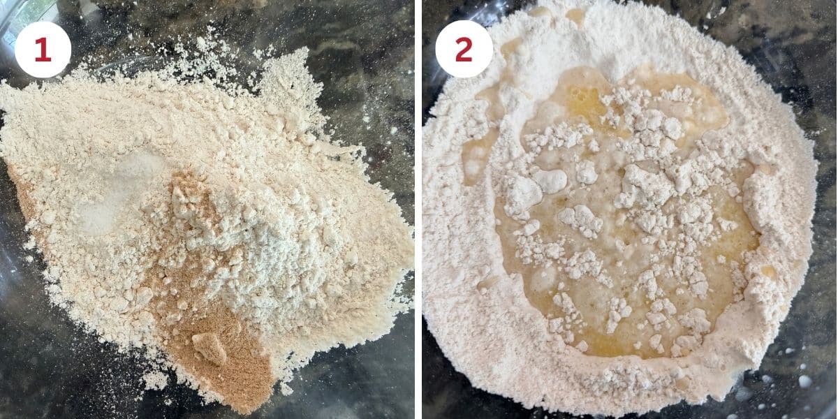 Photos of the dry ingredients in a mixing bowl, then adding the wet ingredients.