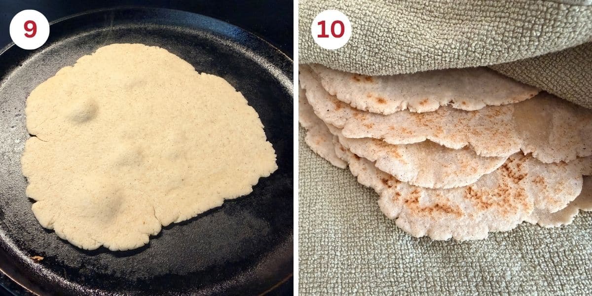 Photos showing cooking the tortilla and a stack of cooked tortillas under a clean kitchen cloth.