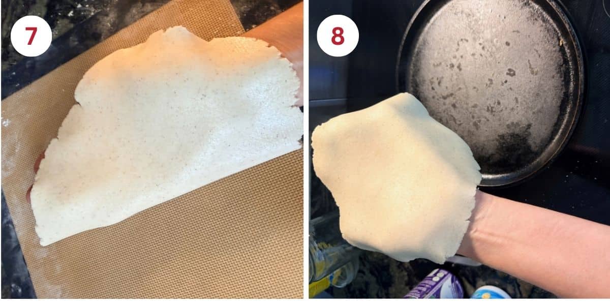 Photos showing how to carefully lift the tortilla off the silicone mat.