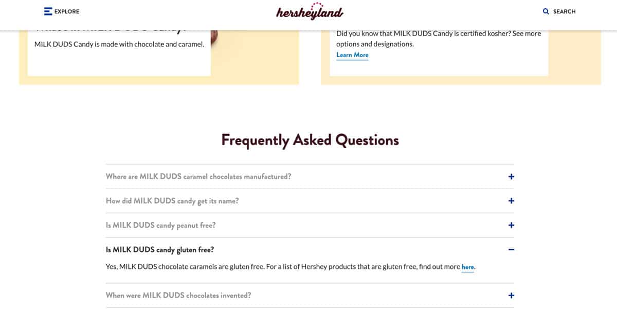 A photo of the Milk Duds ingredients list and FAQ questions from their website.