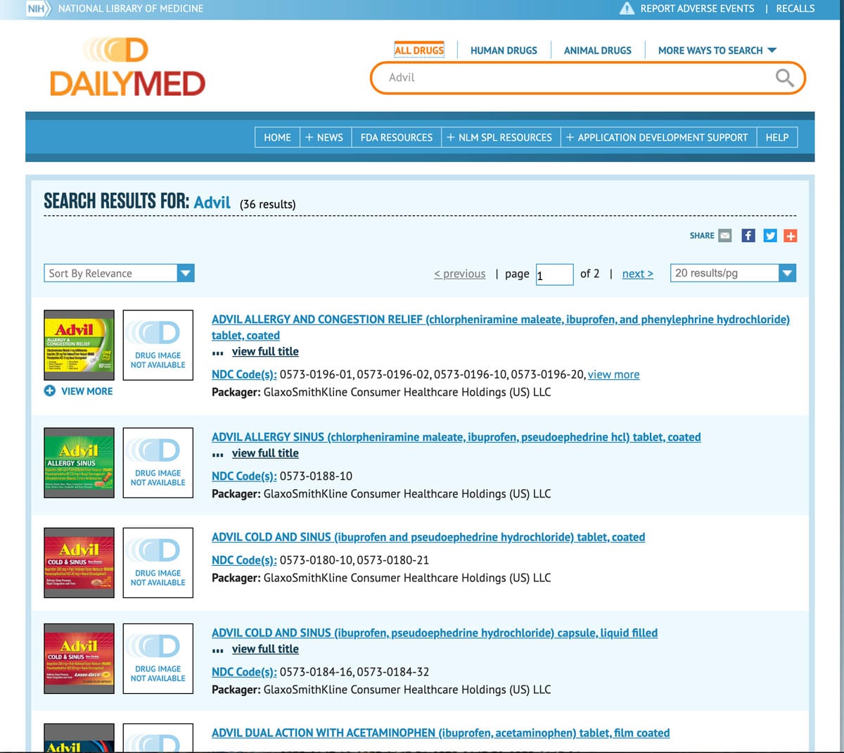 A screenshot from DailyMed showing all of the types of Advil.