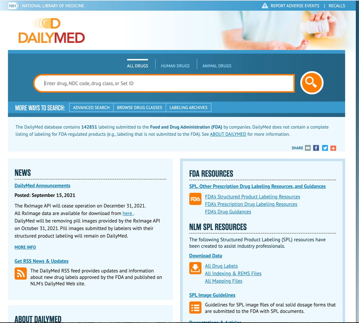 Screenshot from DailyMed .com showing the medication search box.