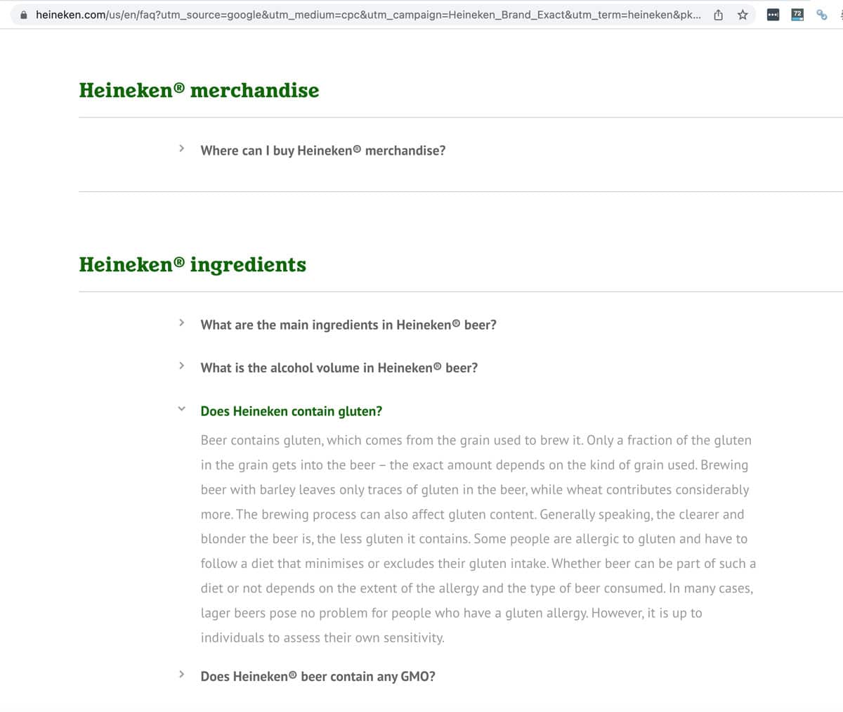 Heineken allergy statement from their website.