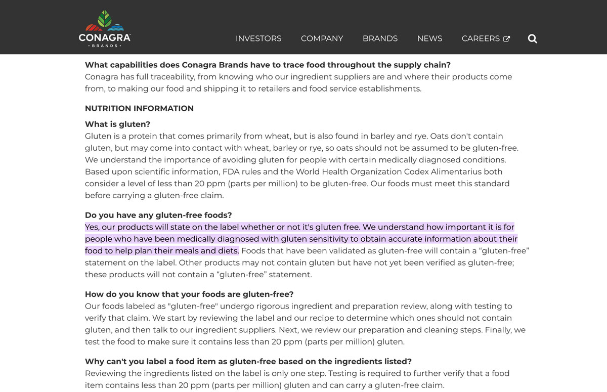 The ConAgra Gluten Statement from their website.