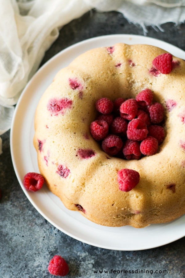 The top view of a gluten free raspberry bundt cake.