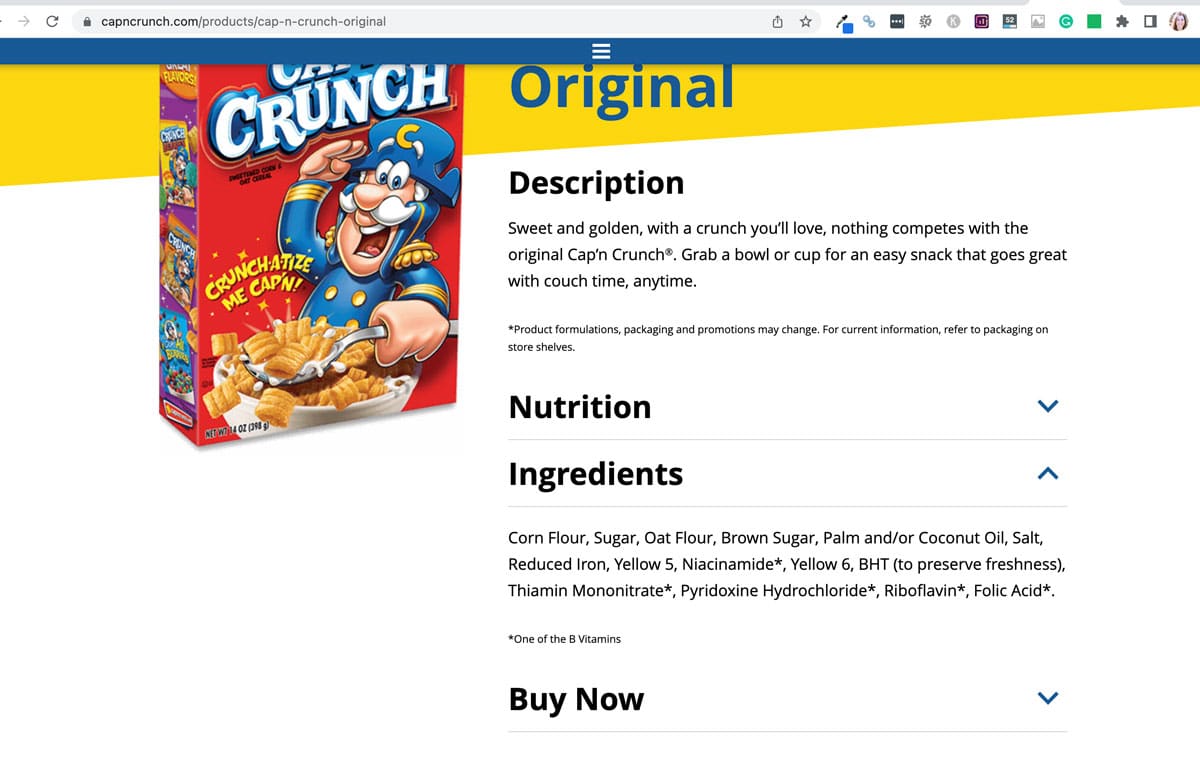 The ingredients list of captain crunch from the website.