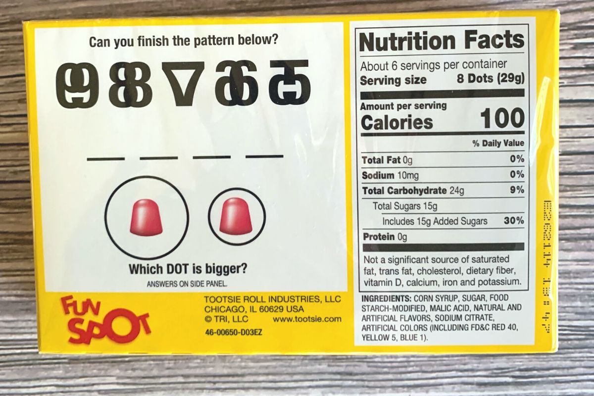 dots ingredients label.