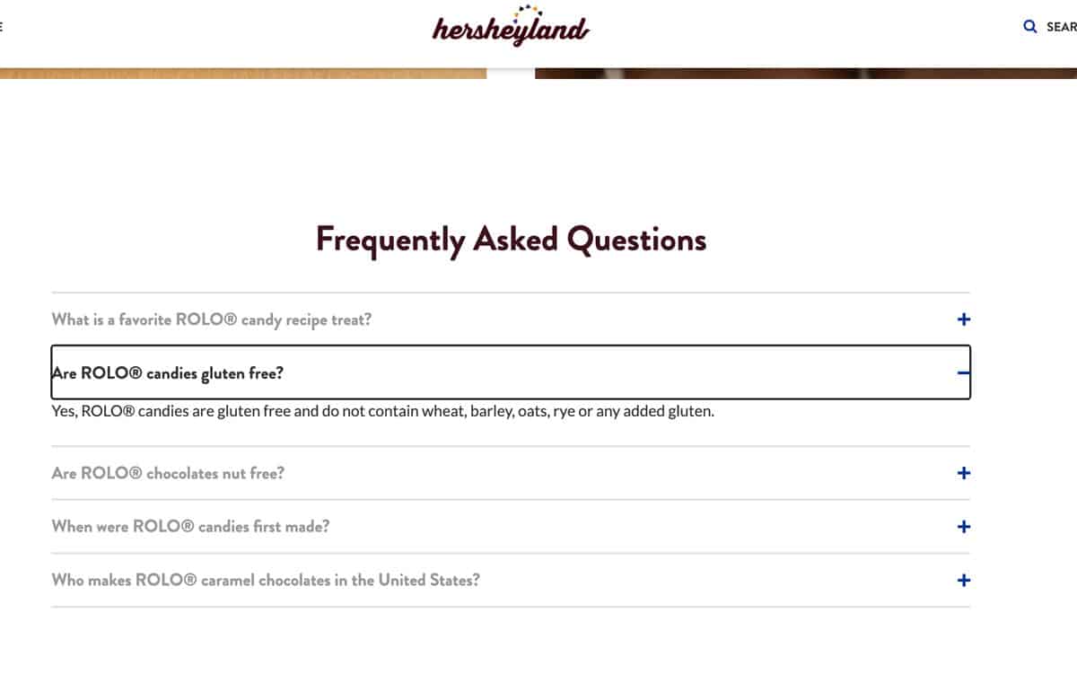 The FAQ from Hersheyland's website showing Rolos are gluten free.